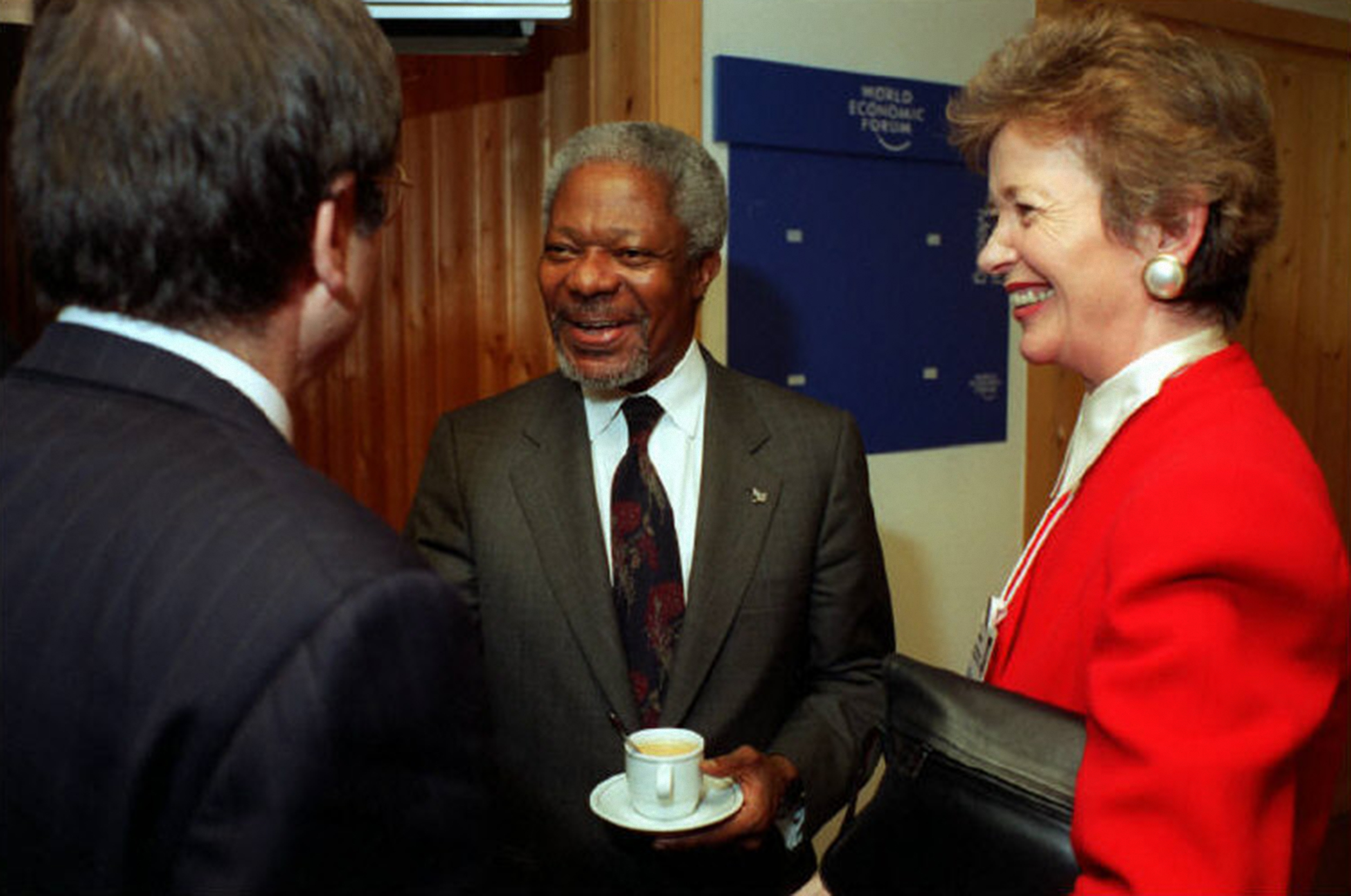 Mary Robinson (UN High Commissioner for Human Rights) and Kofi Annan (UN Secretary-General) during the World Economic Forum, Davos, in 1988 