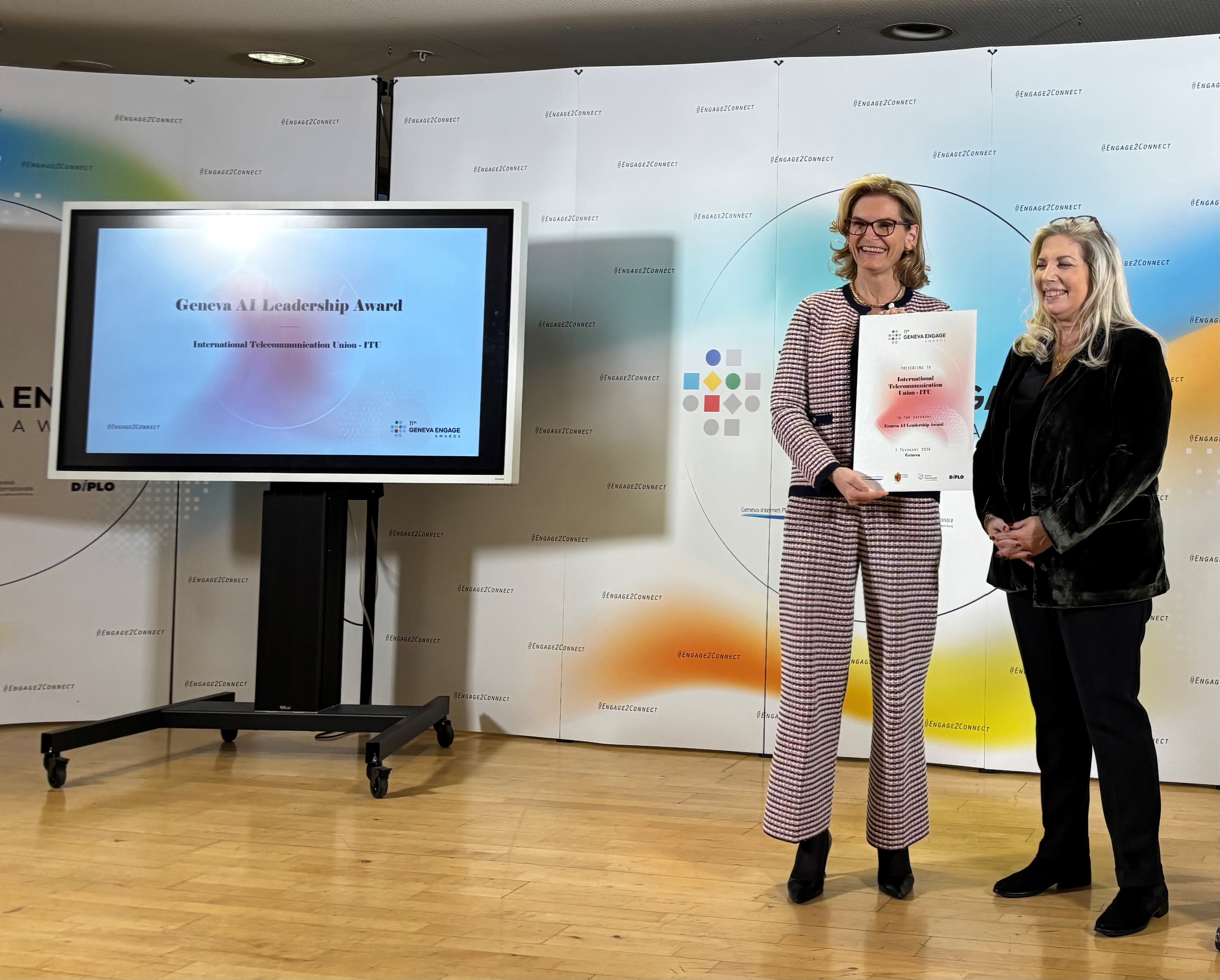 Doreen Bogdan-Martin, ITU Secretary-General, and State Councillor Nathalie Fontanet at the Geneva Engage Awards 2026 ceremony.