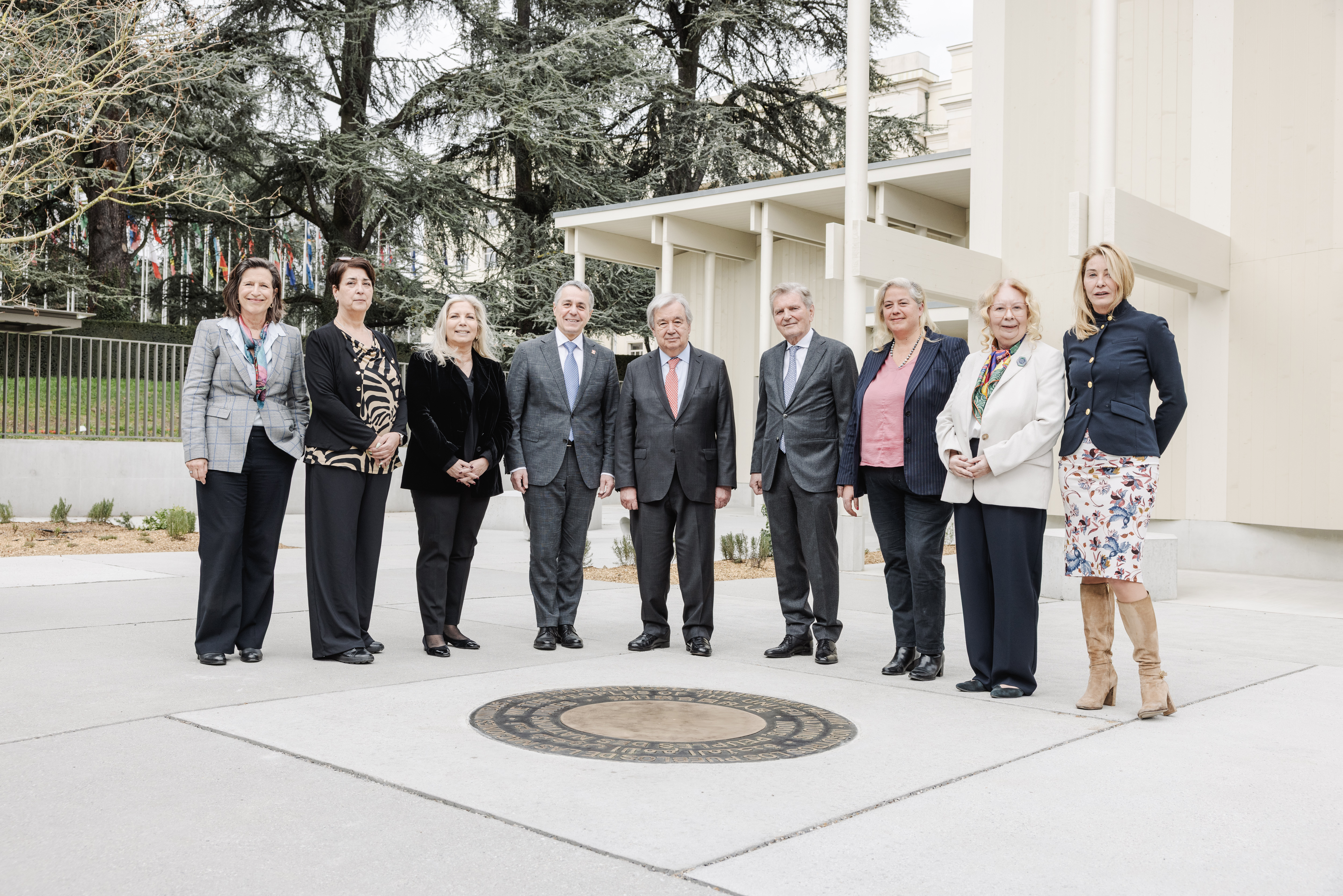 23 February 2026, Geneva, Switzerland. H.E. António Guterres, UN Secretary-General, H.E. Ignazio Cassis, Federal Councillor, Ms. Nathalie Fontanet, State Councillor, and Mr. Ivan Pictet, President of the Fondation pour le Portail des Nations, attend the topping-out ceremony of the "Portail des Nations." This future visitor center at the Palais des Nations aims to modernize public reception and strengthen the dialogue between International Geneva and the public through new exhibition and information spaces
