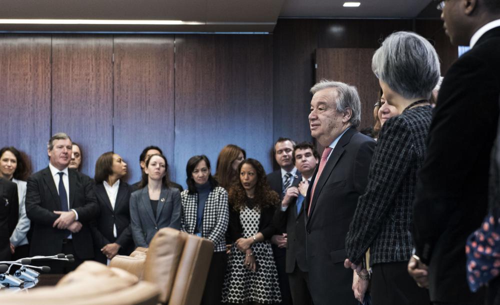 António Guterres, ninth Secretary-General of the United Nations, meets with staff in his Executive Office, on his first day at UN headquarters as Secretary-General.