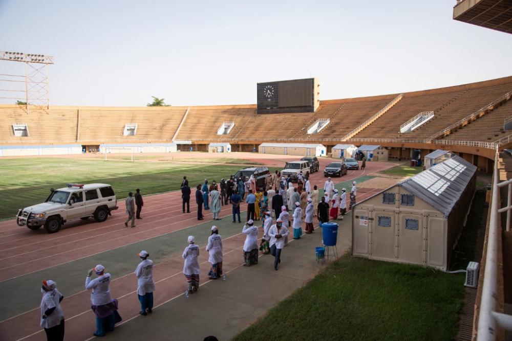 Inauguration of a medical centre, donated by the UN Refugee Agency (UNHCR) to isolate and treat patients tested with COVID-19, at the Seyni Kountche stadium in Niamey, Niger, on 17 April 2020. By photographer Nicolas Réméné / AFP. 