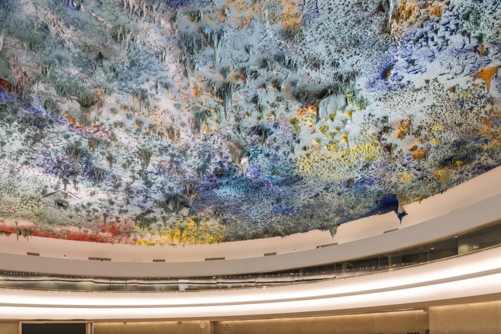 A close-up of the ceiling of the Human Rights and Alliance of Civilizations Room, "Room XX" at the Palais des Nations, Geneva. 