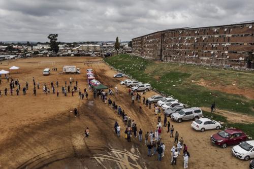 View of a COVID-19 Coronavirus screening and testing drive in front of the Madala Hostel in Alexandra, Johannesburg, on 27 April 2020. By Marco Longari/AFP