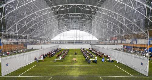 The Vallhall Sports Arena in Oslo, Norway, used as an examination room for students on May 26, 2020. By Lise Aserud / NTB SCANPIX / AFP.